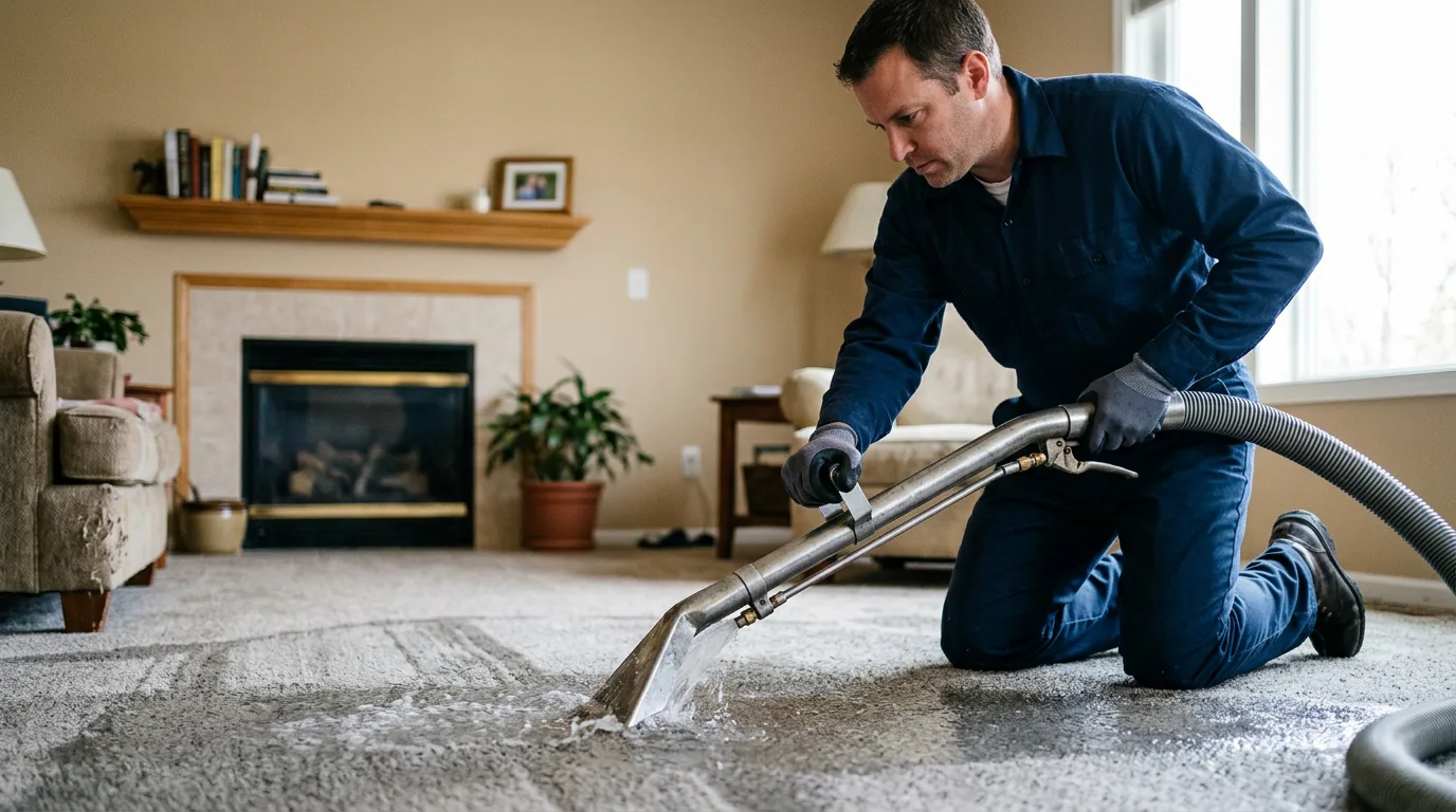 Water damage restoration technician working near Amherst, OH